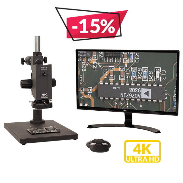 Makrolite 4K digital microscope with monitor showing electronics PCB