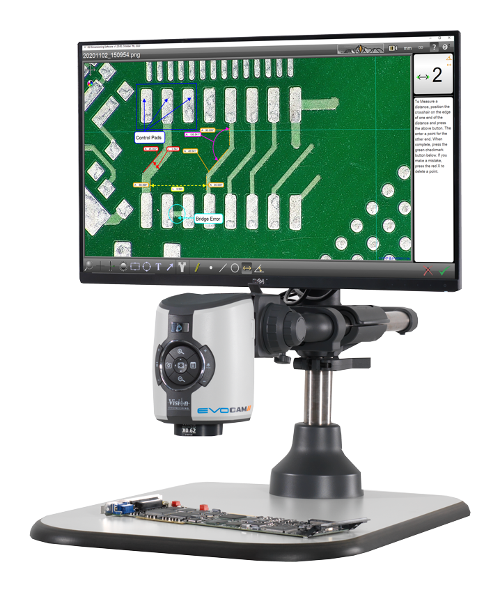 EVO Cam II digital microscope displaying close up of PCB on monitor