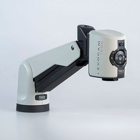 EVO Cam II digital microscope on extra long articulated arm mounted above monitor