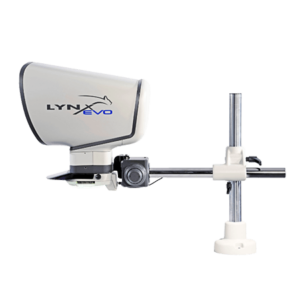 Lynx EVO fixed magnification stereo microscope on single arm boom stand with clamp.